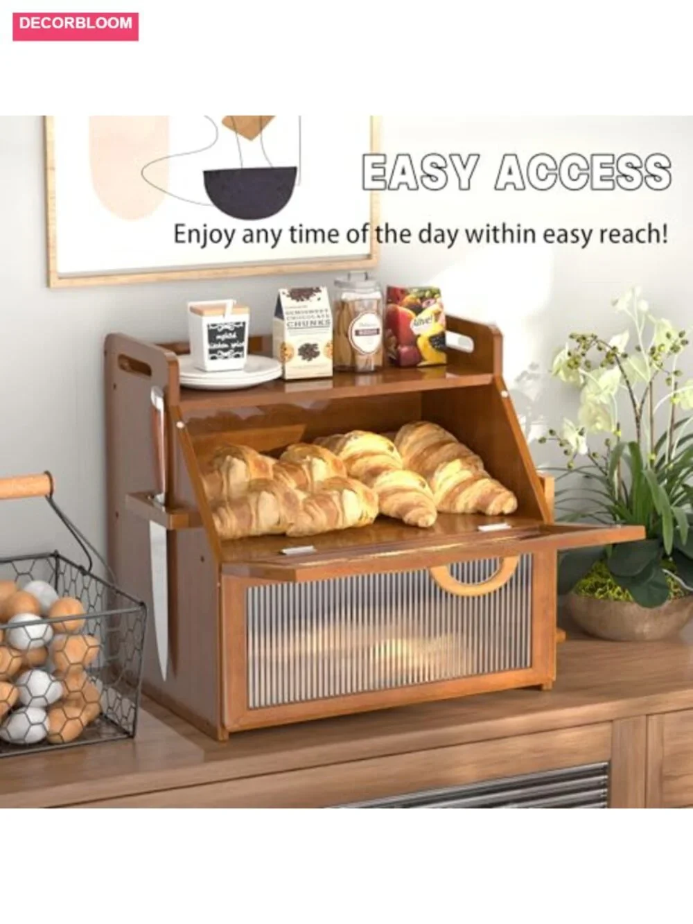 Vintage Wooden Farmhouse Bread Box with Acrylic Window, Double Layer Storage